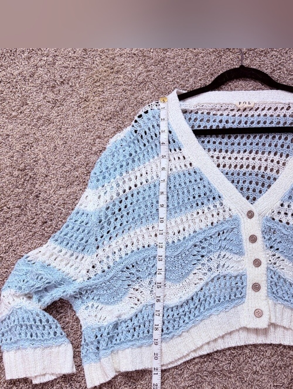 POL Light Blue and White Open-Knit V-Neck Cropped Oversized Crocheted Cardigan S - Picture 6 of 7